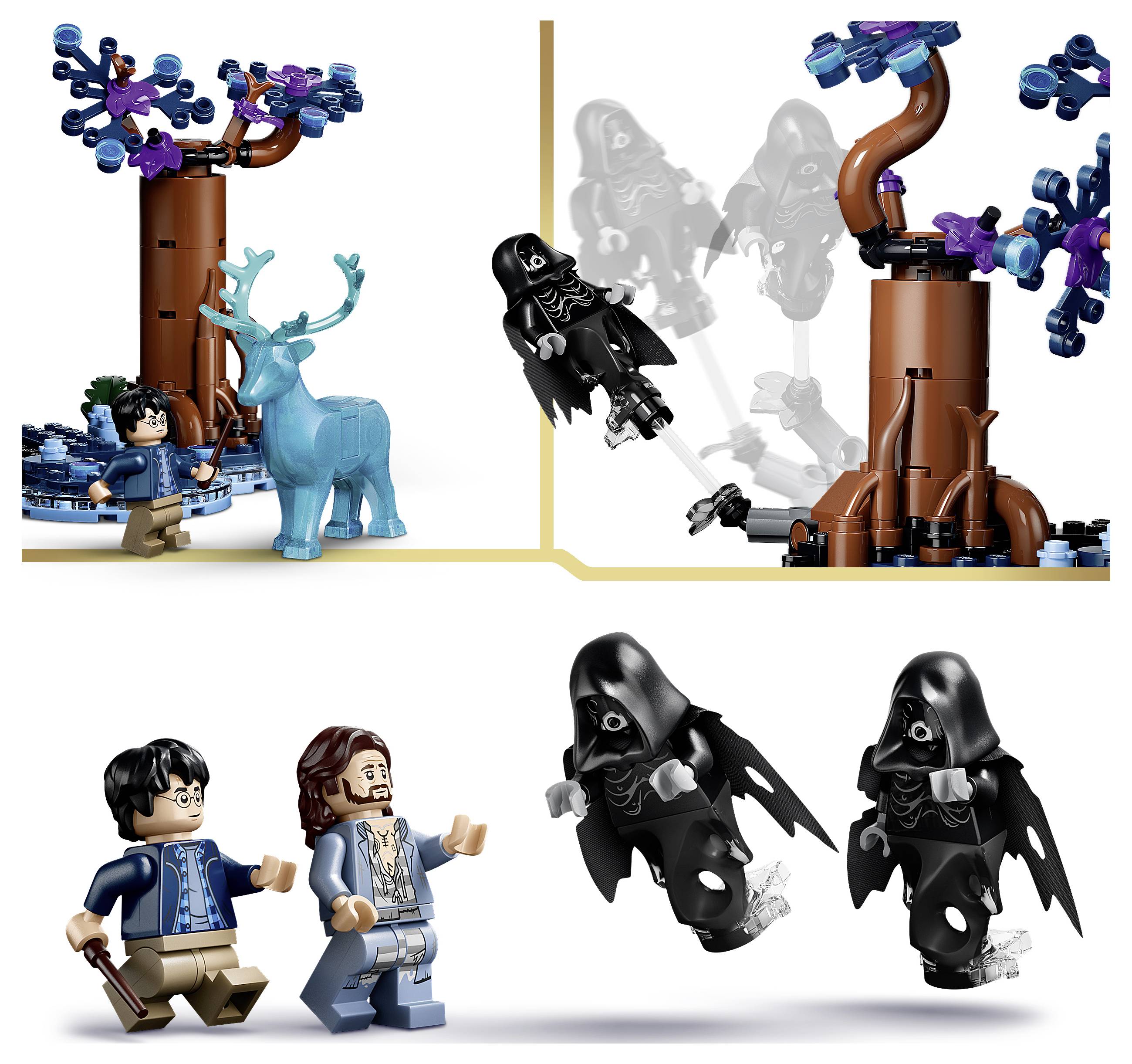 Scène de style LEGO montrant deux minifigures et un cerf bleu à côté d'un arbre brun, plus des figures encapuchonnées noires volant ou courant à proximité, illustrant une poursuite ou une transformation.