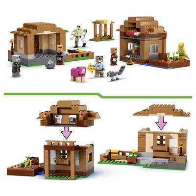 Des ensembles de maisons modulaires de style LEGO présentés assemblés en haut et dans deux transformations de construction étape par étape ci-dessous avec des flèches.