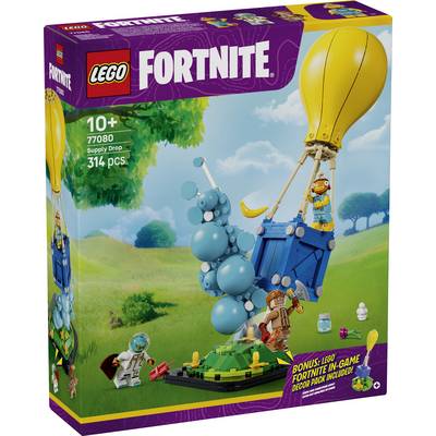 Boîte de set LEGO Fortnite « Supply Drop » montrant une caisse de fret avec ballon bleu se largant sur un champ herbeux avec deux minifigures; 314 pièces, à partir de 10 ans.