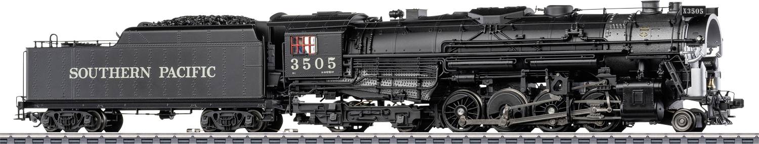 Vue latérale d'une locomotive à vapeur noire Southern Pacific numérotée 3505.
