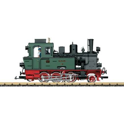 Vue latérale d'une locomotive à vapeur verte et rouge avec une cheminée noire et des roues argentées sur des rails de chemin de fer.