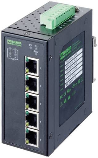 Commutateur réseau Murrelektronik industriel avec cinq ports Ethernet, des LED d'état et un bloc de bornes vert sur le dessus