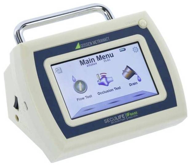 Appareil médical portable avec écran tactile affichant un menu principal présentant les options Test de débit, Test d'occlusion et Drainage.