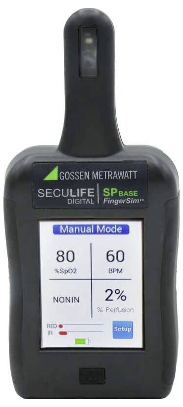 Simulateur Gossen Metrawatt SECULIFE SP Base FingerSim portatif affichant le Mode Manuel avec les valeurs 80 %SpO2, 60 BPM, 2% perfusion, et les indicateurs IR/RED.