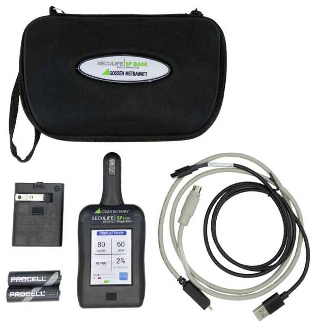 Kit de base du dispositif SECUlife SP portable avec étui de transport, lecteur portatif, batterie, deux piles Procell et câbles enroulés.