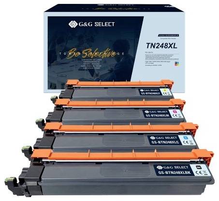 Paquet de cartouches de toner G&G SELECT avec quatre cartouches noires empilées devant la boîte TN248XL.