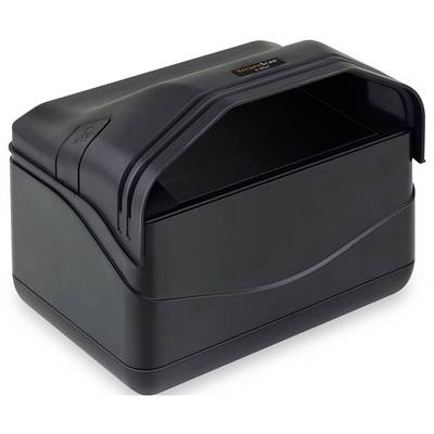 Boîte de rangement extérieur en plastique noir avec couvercle incurvé et rabat d'ouverture frontal, présentée sur un fond blanc.