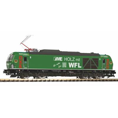 Locomotive de fret verte avec marquage « PIKO » et livrée « ME HOLZ mit WFL », présentée de profil avec un pantographe relevé.