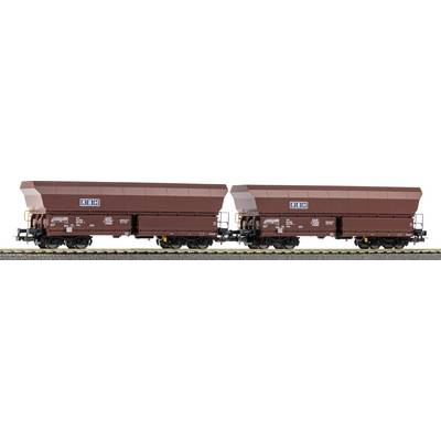 Deux wagons de chemin de fer à trémie brun clair côte à côte, étiquetés « RHH », représentés de profil sur un fond blanc.