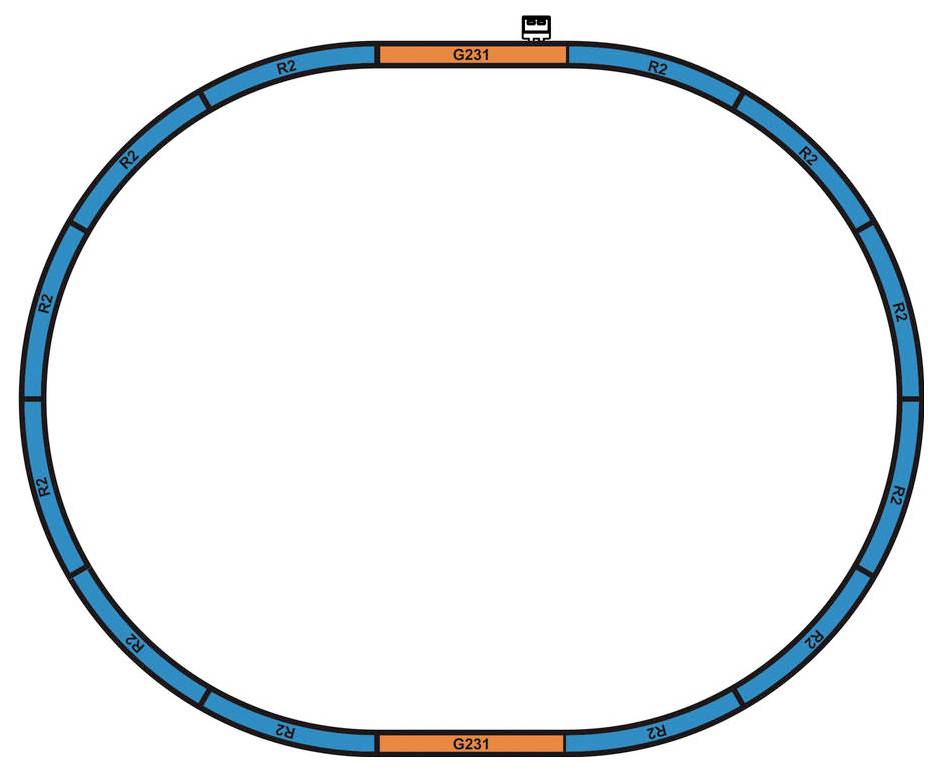 Carte de trajet circulaire montrant une piste bleue ovale étiquetée « R2 » avec deux sections orange étiquetées « G231 » en haut et en bas.