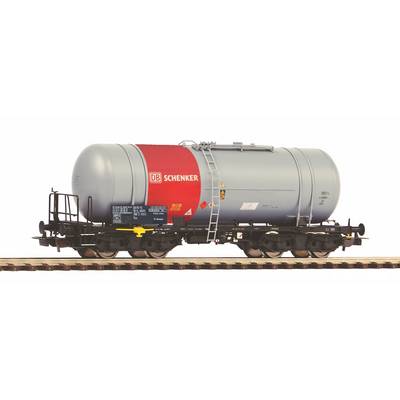 Wagon-citerne ferroviaire DB Schenker gris avec panneau de logo rouge, présenté en vue latérale sur les rails.