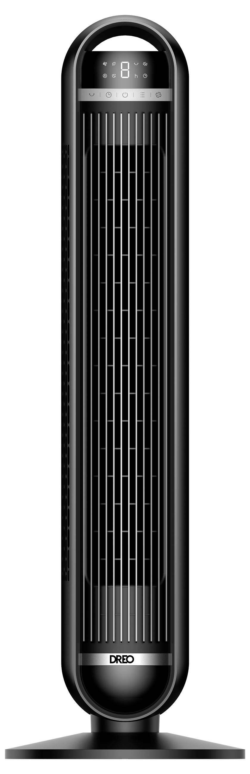 Ventilateur tour noir avec écran numérique, bouches d'aération verticales et base ovale, présenté en vue de face sur fond blanc.
