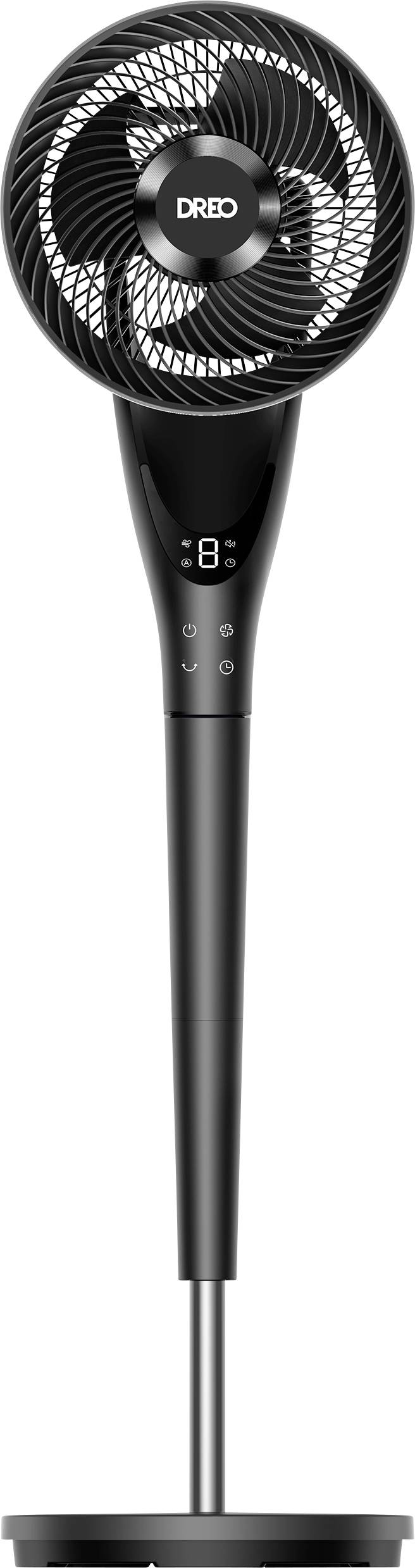 Ventilateur tour sans pales de style DRDO noir avec commandes numériques et écran sur un socle mince.