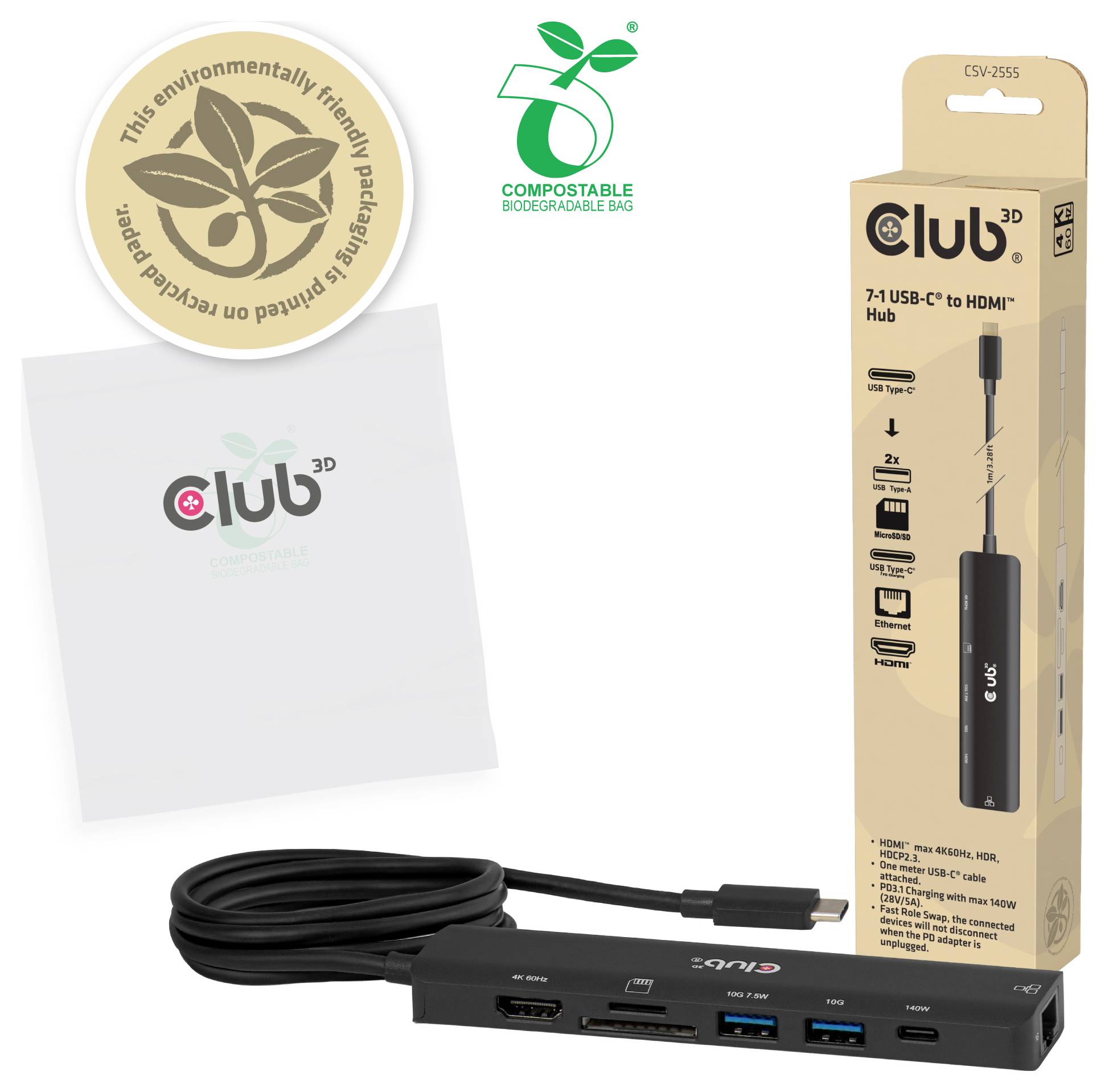 club3D CSV-2555 Hub USB 7 ports USB-A, RJ45, HDMI™, microSD, SD, USB-C® (avec Power Delivery) noir-4