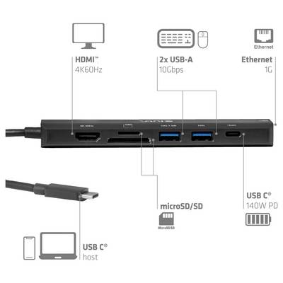 club3D CSV-2555 Hub USB 7 ports USB-A, RJ45, HDMI™, microSD, SD, USB-C® (avec Power Delivery) noir-5