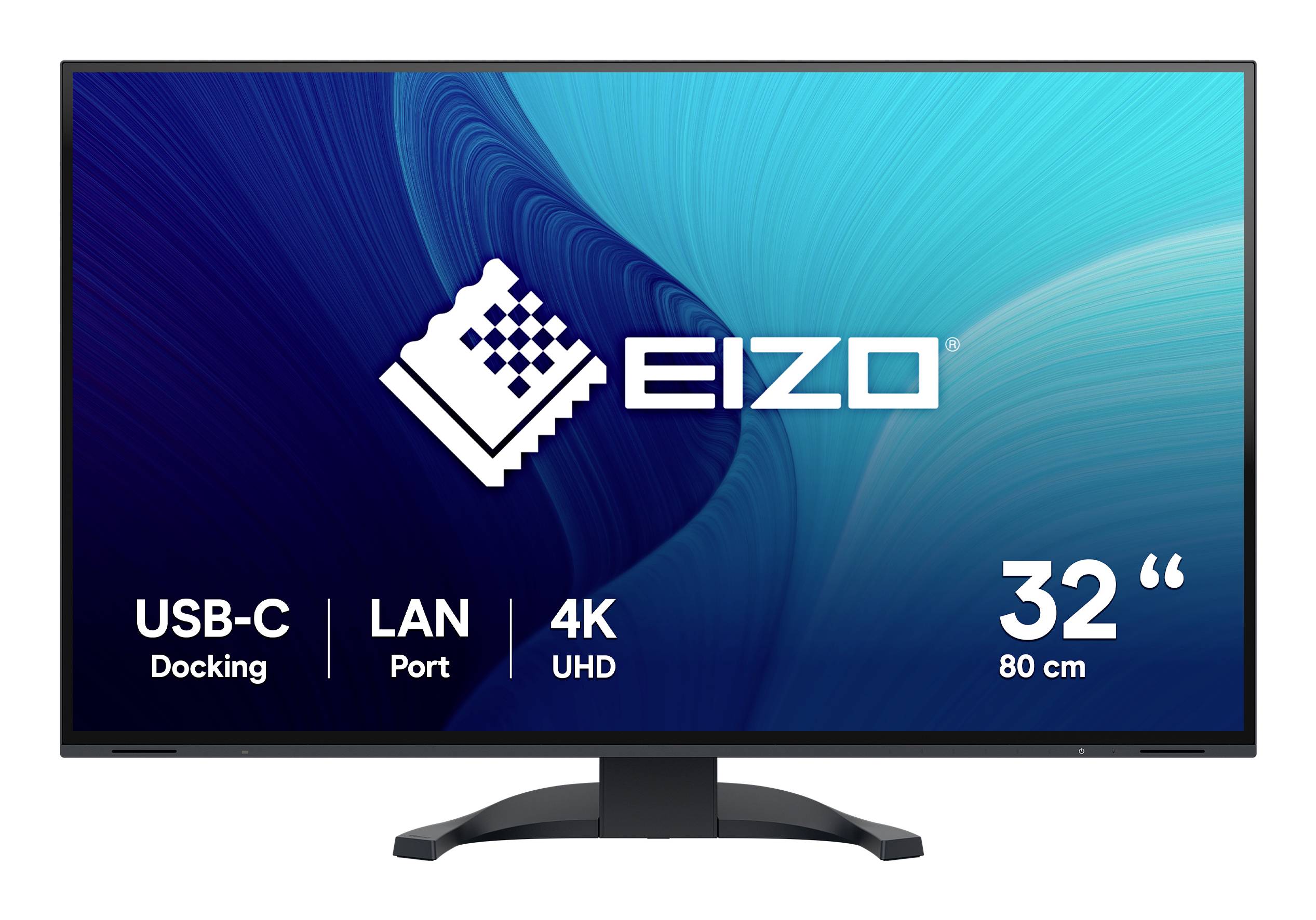 Moniteur EIZO 32 pouces 4K UHD présenté de face avec les caractéristiques du port USB-C et du port LAN.