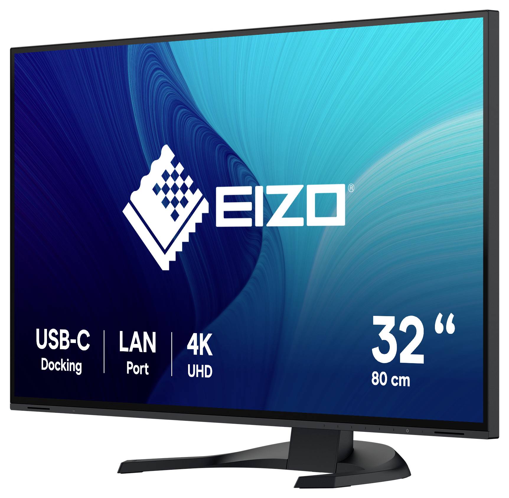 Moniteur EIZO 32 pouces 4K UHD avec station d'accueil USB-C et port LAN, présenté dans une image de style produit.