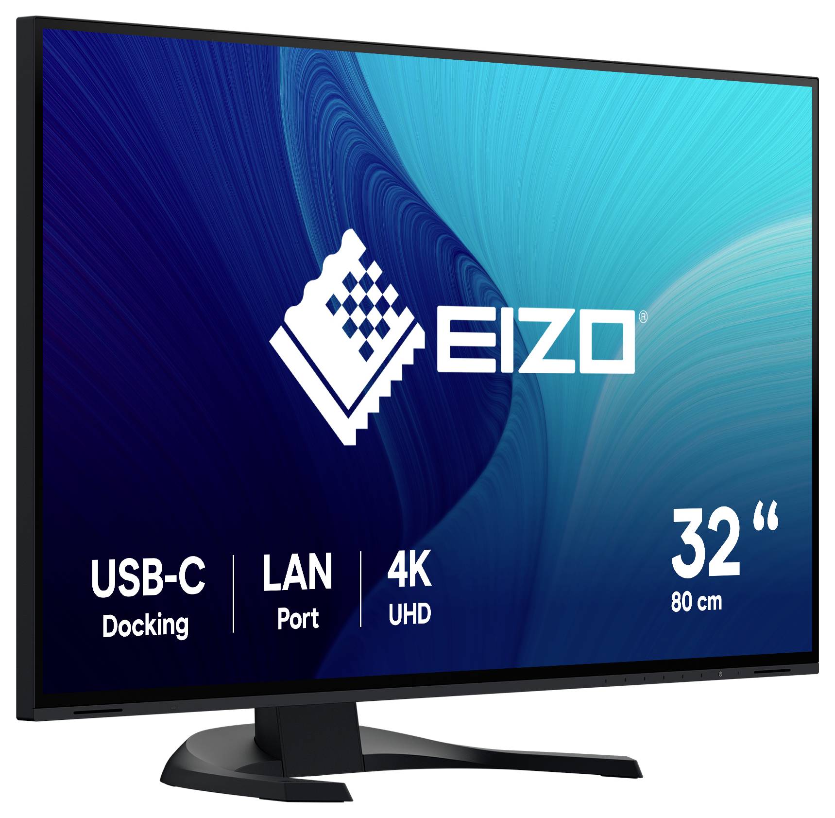 Moniteur EIZO 32 pouces 4K UHD avec station d'accueil USB-C et port LAN, présenté sur un support devant un fond d'écran bleu.
