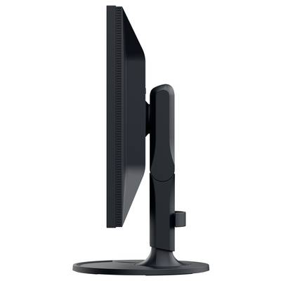 Vue latérale d'un moniteur de bureau informatique noir sur un socle rond, montrant son profil mince et son bras de montage ajustable.