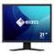 Moniteur EIZO 21 pouces avec écran abstrait bleu et étiquette de taille '54 cm' sur un support.