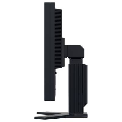Vue de côté d'un moniteur noir sur un support ergonomique robuste avec une colonne verticale nervurée et un bras ajustable.