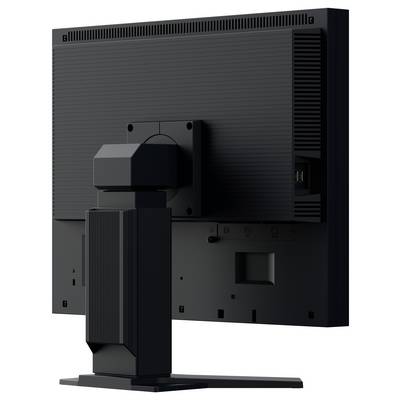 Vue arrière d'un moniteur écran plat noir sur pied, montrant le panneau arrière, les grilles de ventilation, les ports et la zone des câbles.