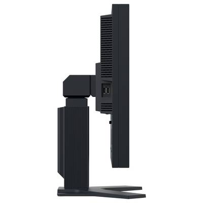 Vue latérale d'un écran d'ordinateur noir sur un support réglable avec un panneau arrière aéré et des ports d'entrée visibles.