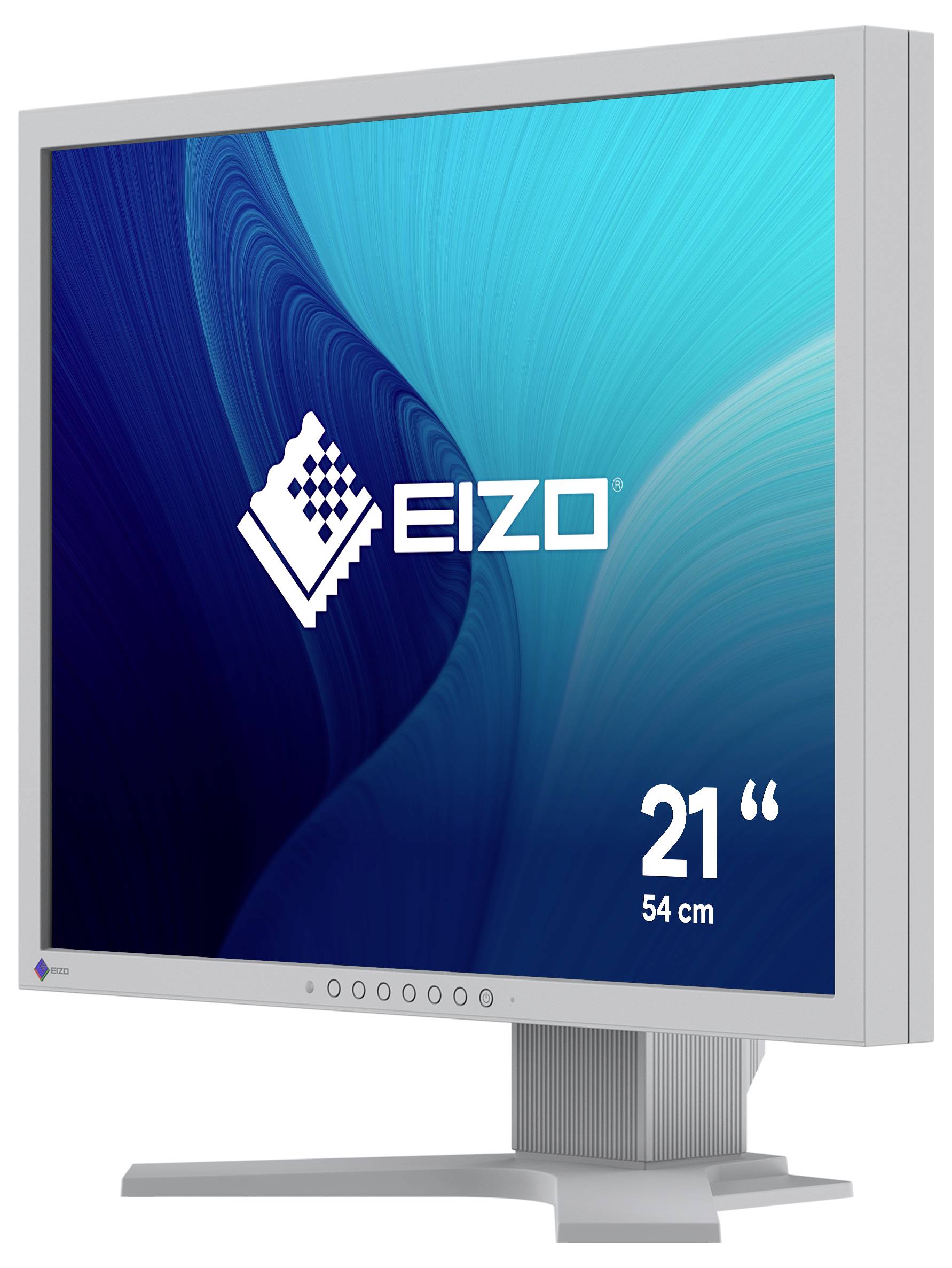 Écran plat EIZO argenté présenté en vue de produit, avec affichage d'écran de 21 pouces (54 cm) et support.