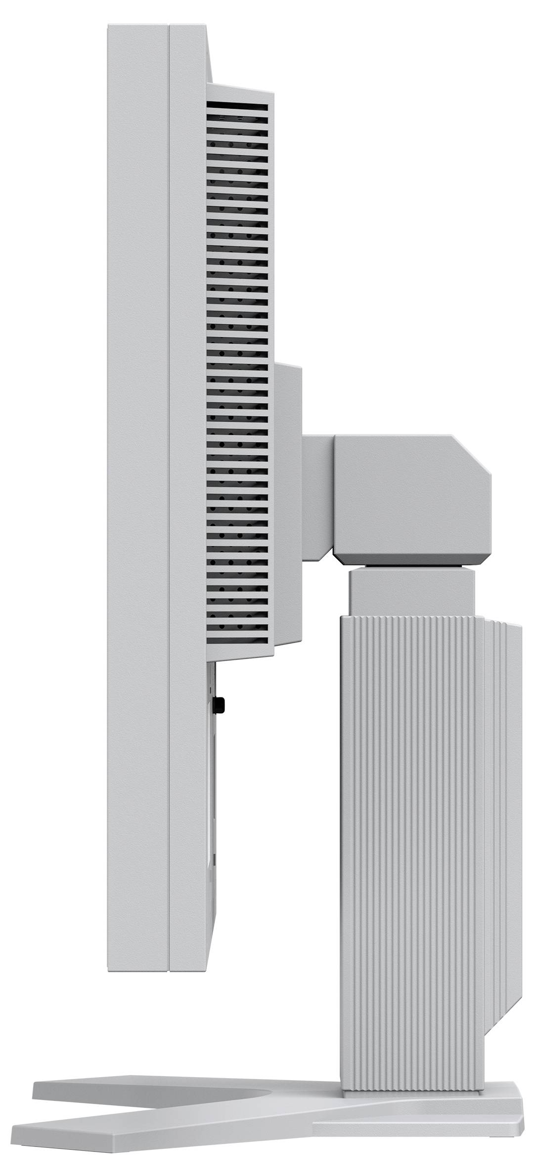 Vue latérale d'un moniteur de bureau gris sur un support ajustable, montrant l'écran incliné verticalement.