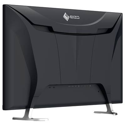 Moniteur informatique EIZO noir montré de l'arrière sur un fond blanc, avec un boîtier arrière incurvé et un support argenté.