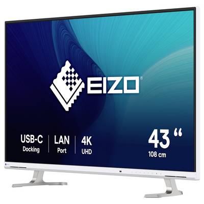 Moniteur EIZO 43 pouces 4K UHD avec station d'accueil USB-C et port LAN, présenté sur un support.