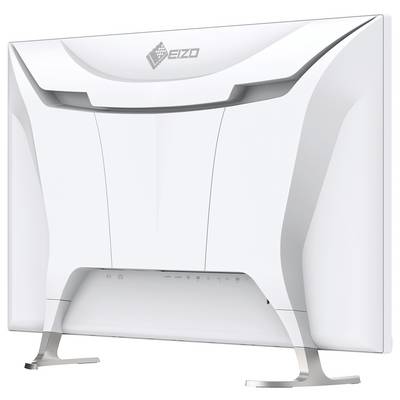Vue arrière d'un moniteur EIZO blanc avec un pied argenté incurvé sur un fond uni.