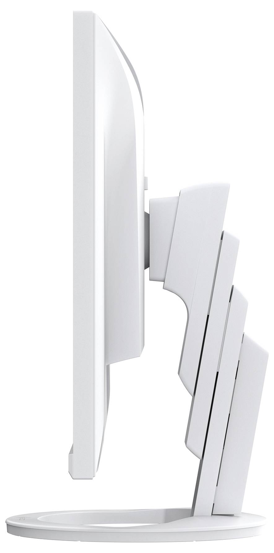 Vue latérale d'un ordinateur de bureau tout-en-un blanc sur un socle circulaire, montrant l'écran fin et le support arrière ajustable.