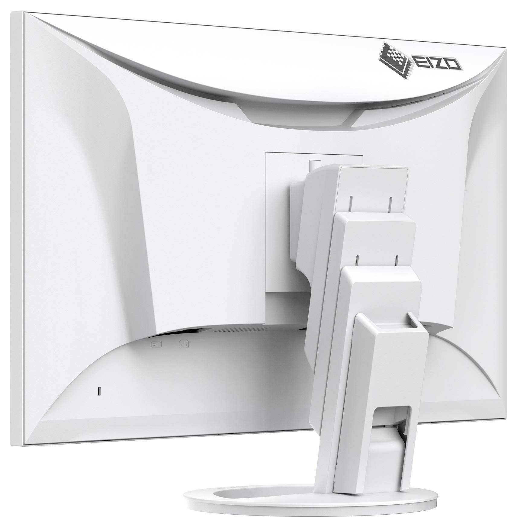 Vue arrière du moniteur blanc EIZO avec plusieurs câbles branchés dans la zone de port central et acheminés à travers un support de guide de câbles circulaire.