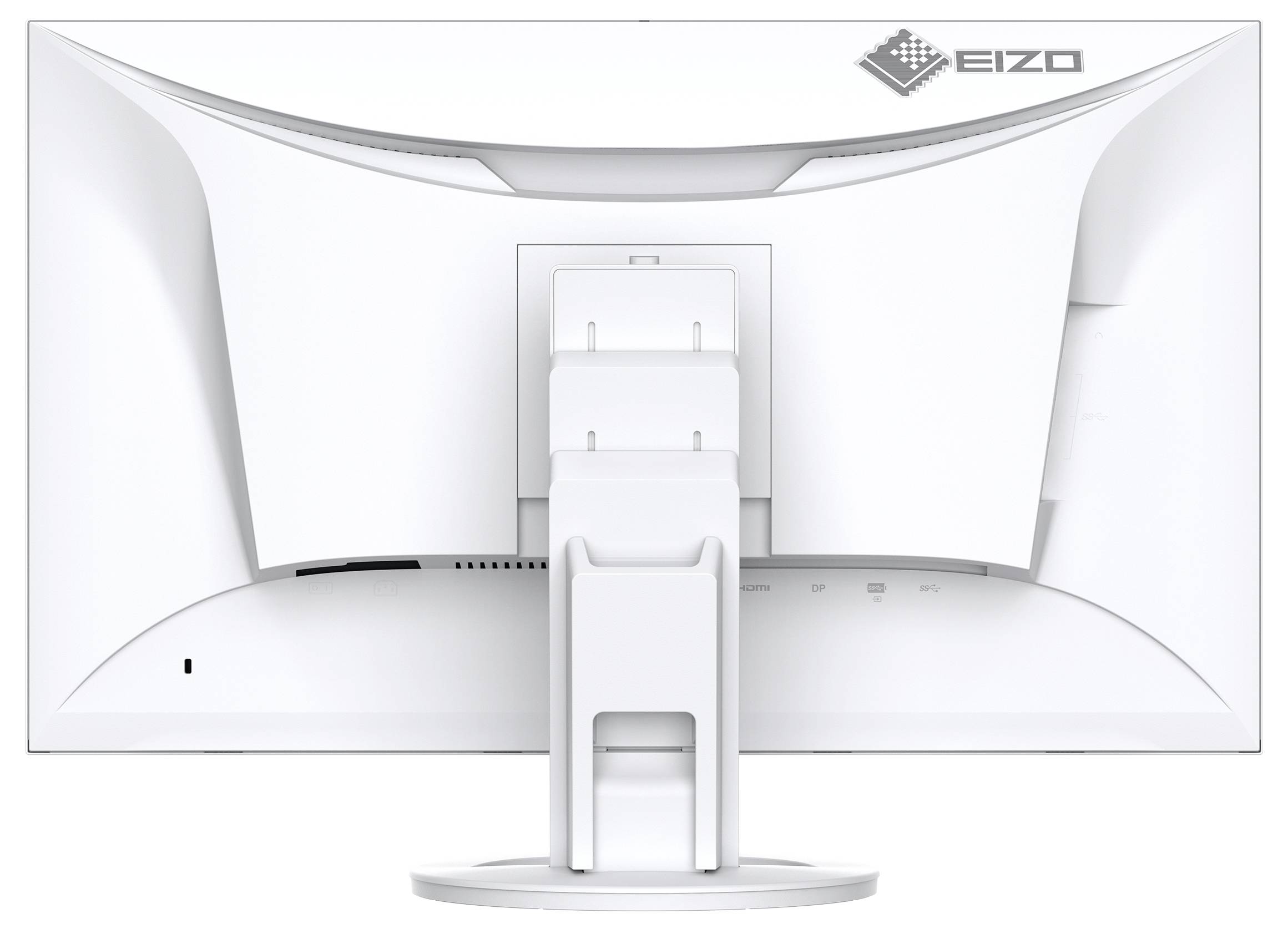 Vue arrière d'un moniteur de bureau blanc EIZO sur un support, montrant le panneau arrière et le col ajustable sur un fond uni.