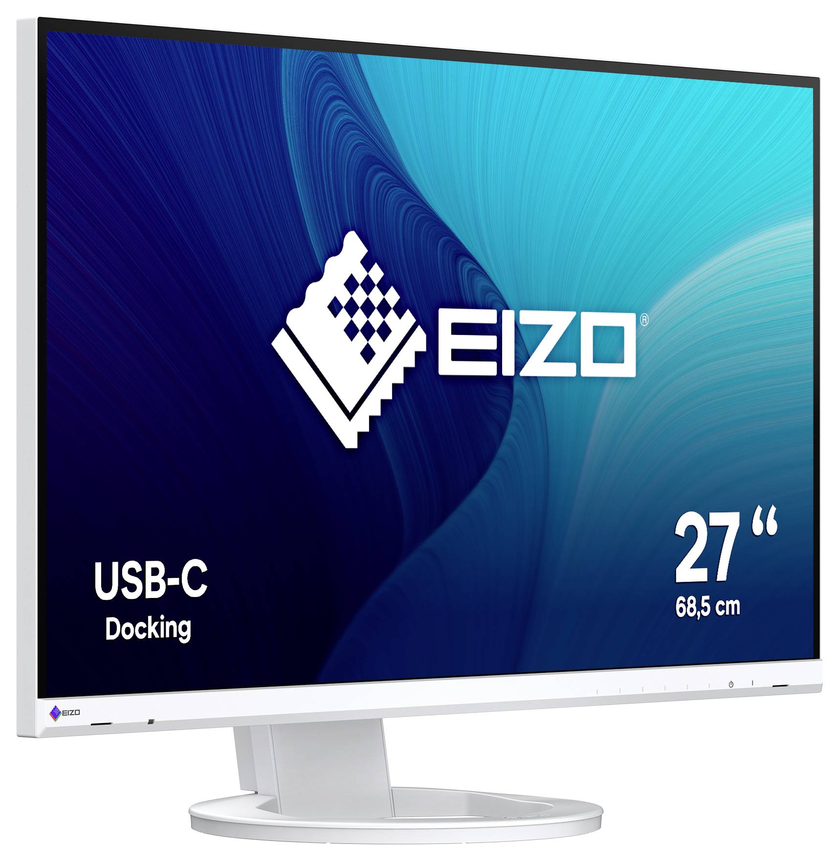 Moniteur EIZO 27 pouces avec le texte « Accueil USB-C » affiché sur un écran bleu, présenté sur un support blanc