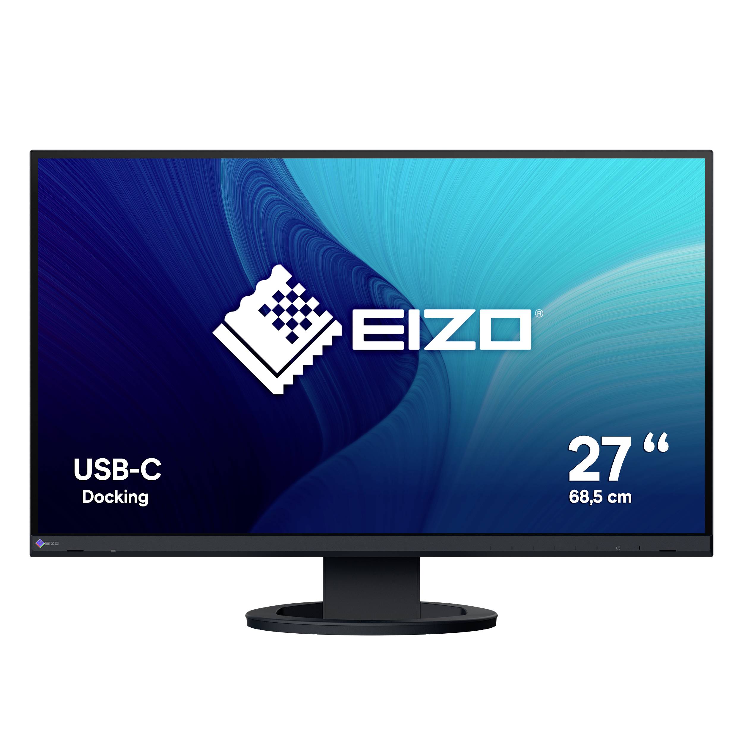 Moniteur EIZO 27 pouces avec accueil USB-C, affiché sur un écran bleu avec le logo EIZO.