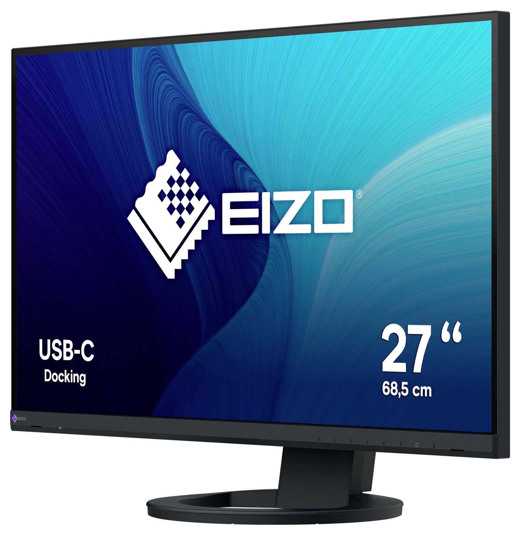 Moniteur d'accueil USB-C EIZO 27 pouces sur pied, présenté avec un écran bleu et une marque de produit.