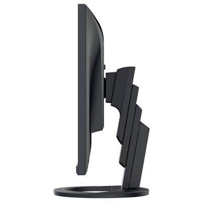 Vue latérale d'un moniteur de bureau incurvé sur un support avec un bras articulé réglable, présenté sur un fond blanc.