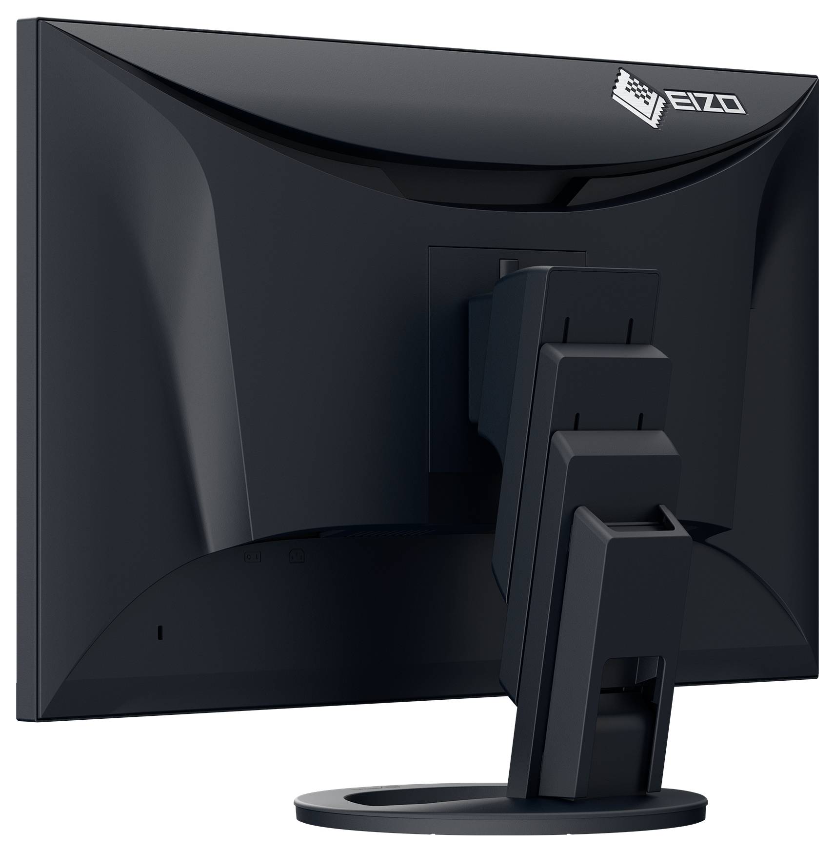Moniteur informatique EIZO noir vu de l'arrière, montrant son support réglable sur un fond blanc.
