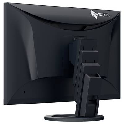 Moniteur informatique EIZO noir vu de l'arrière, montrant son support réglable sur un fond blanc.