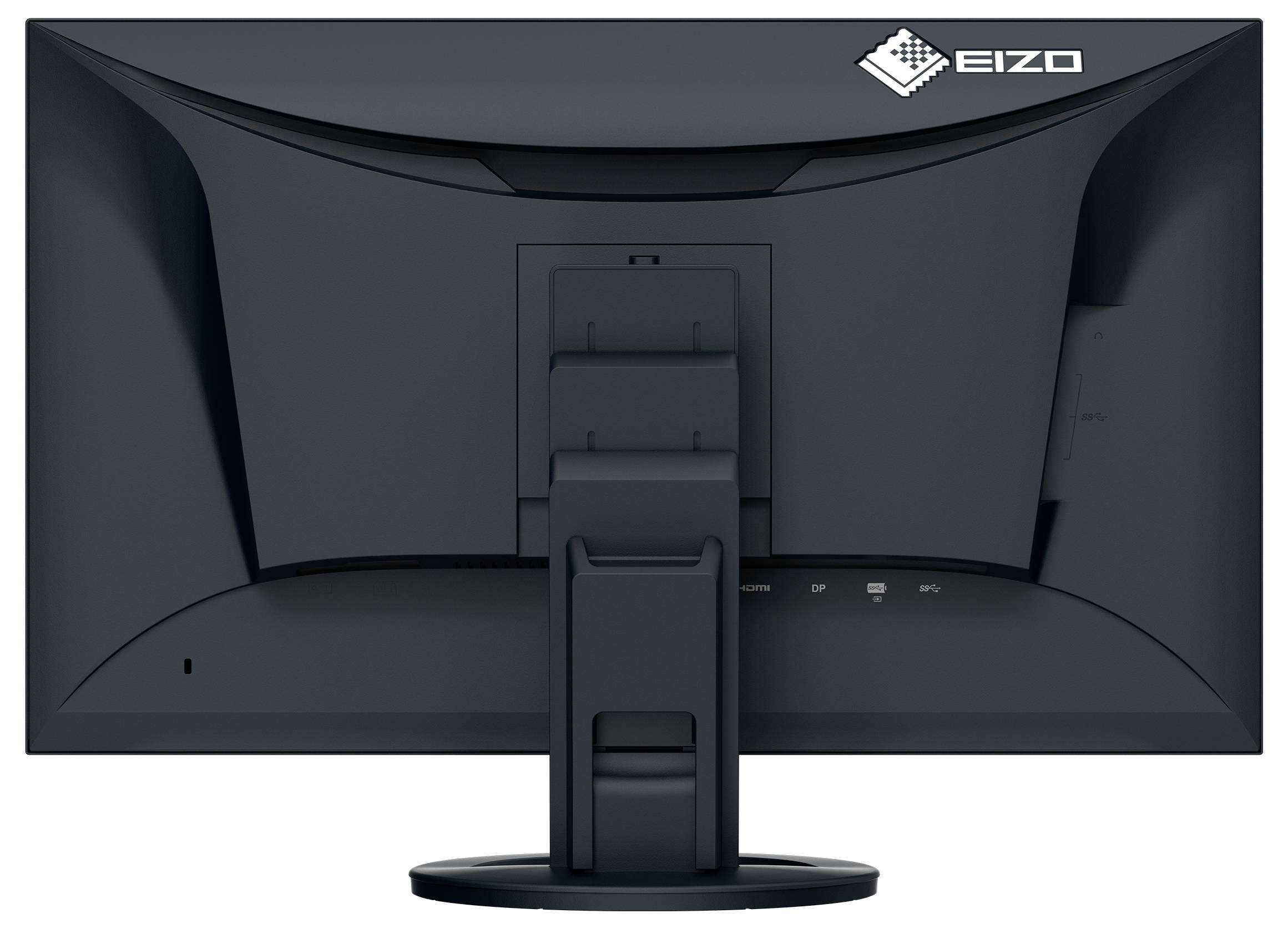 Vue arrière d'un moniteur informatique EIZO sur un support, montrant le logo de la marque et la base de montage réglable.