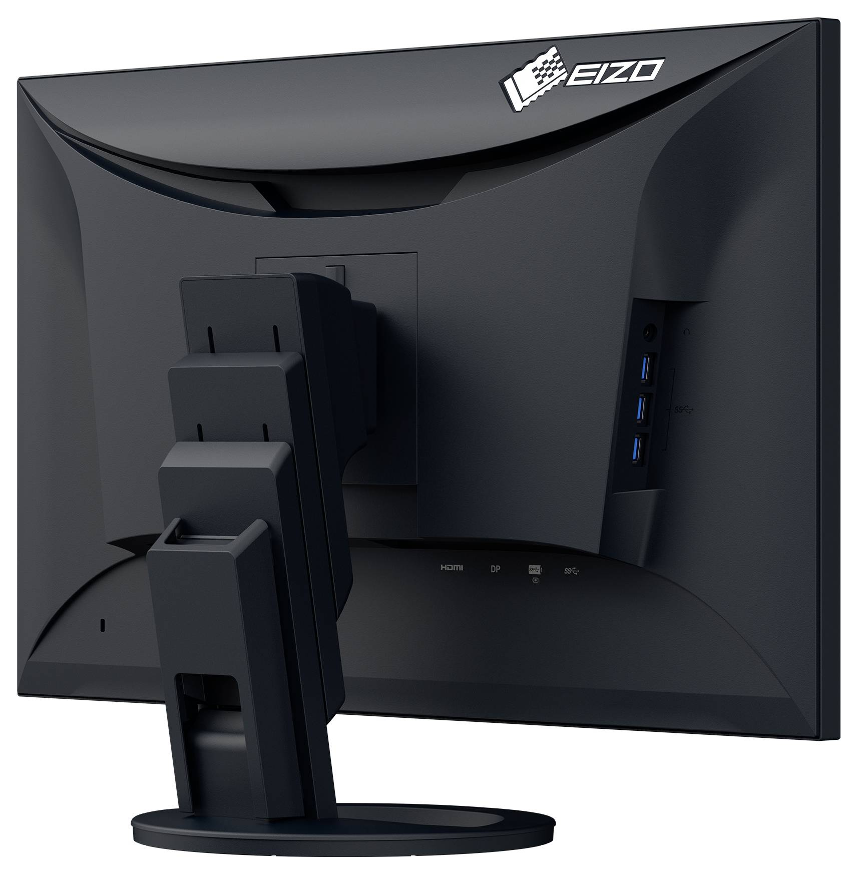 Vue arrière d'un moniteur informatique EIZO sur pied, montrant le design incurvé de l'arrière et les ports USB latéraux.