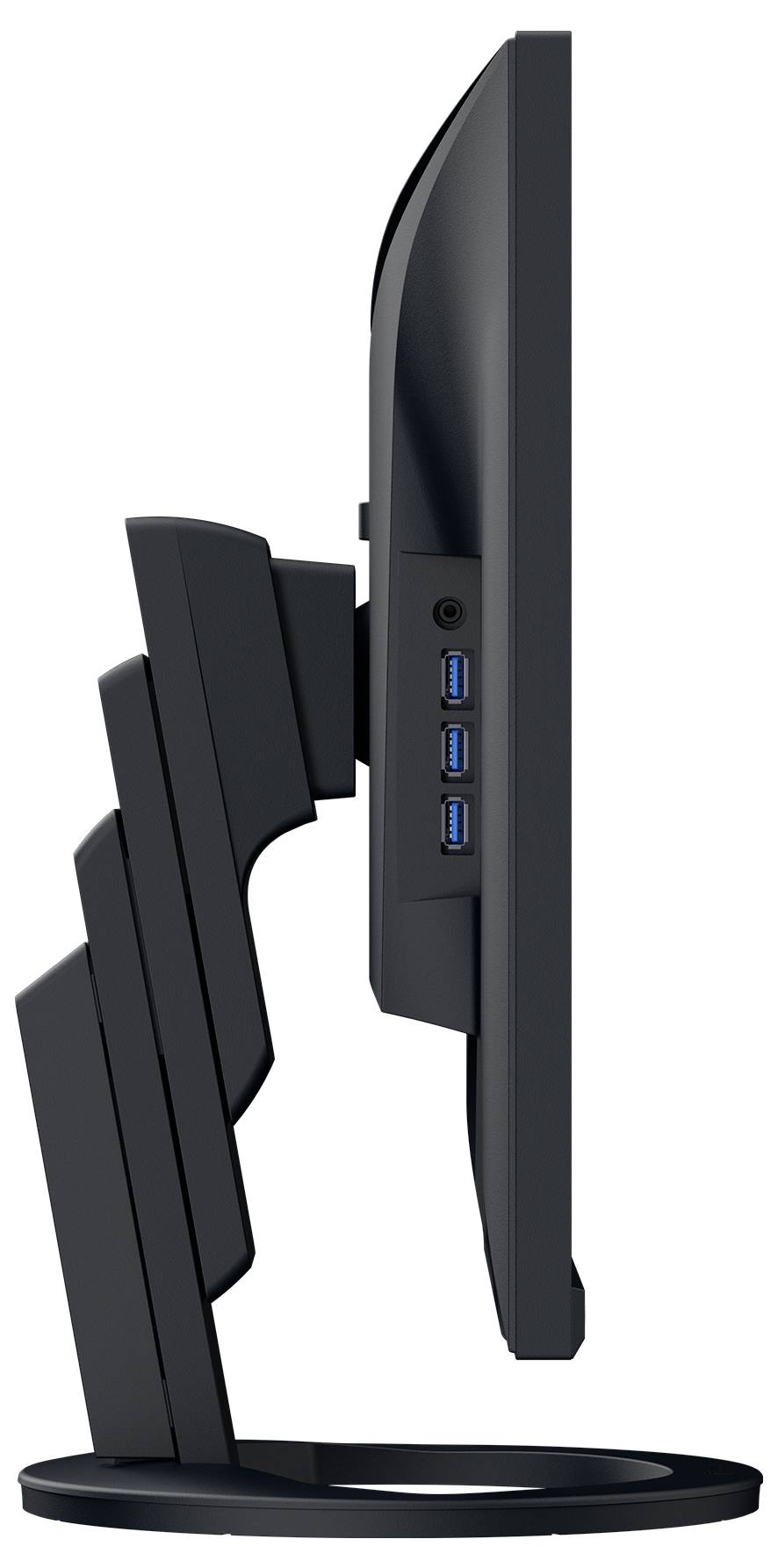 Vue latérale d'un moniteur de bureau tout-en-un noir sur un support réglable, montrant trois ports USB sur le côté droit.