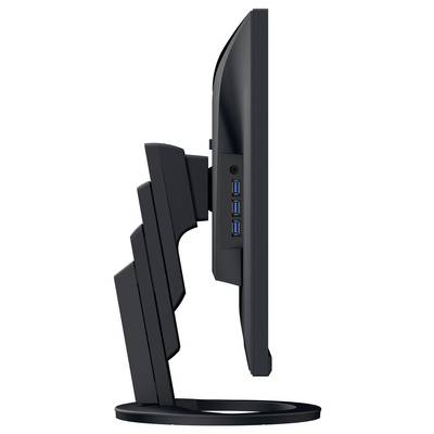 Vue latérale d'un moniteur de bureau tout-en-un noir sur un support réglable, montrant trois ports USB sur le côté droit.