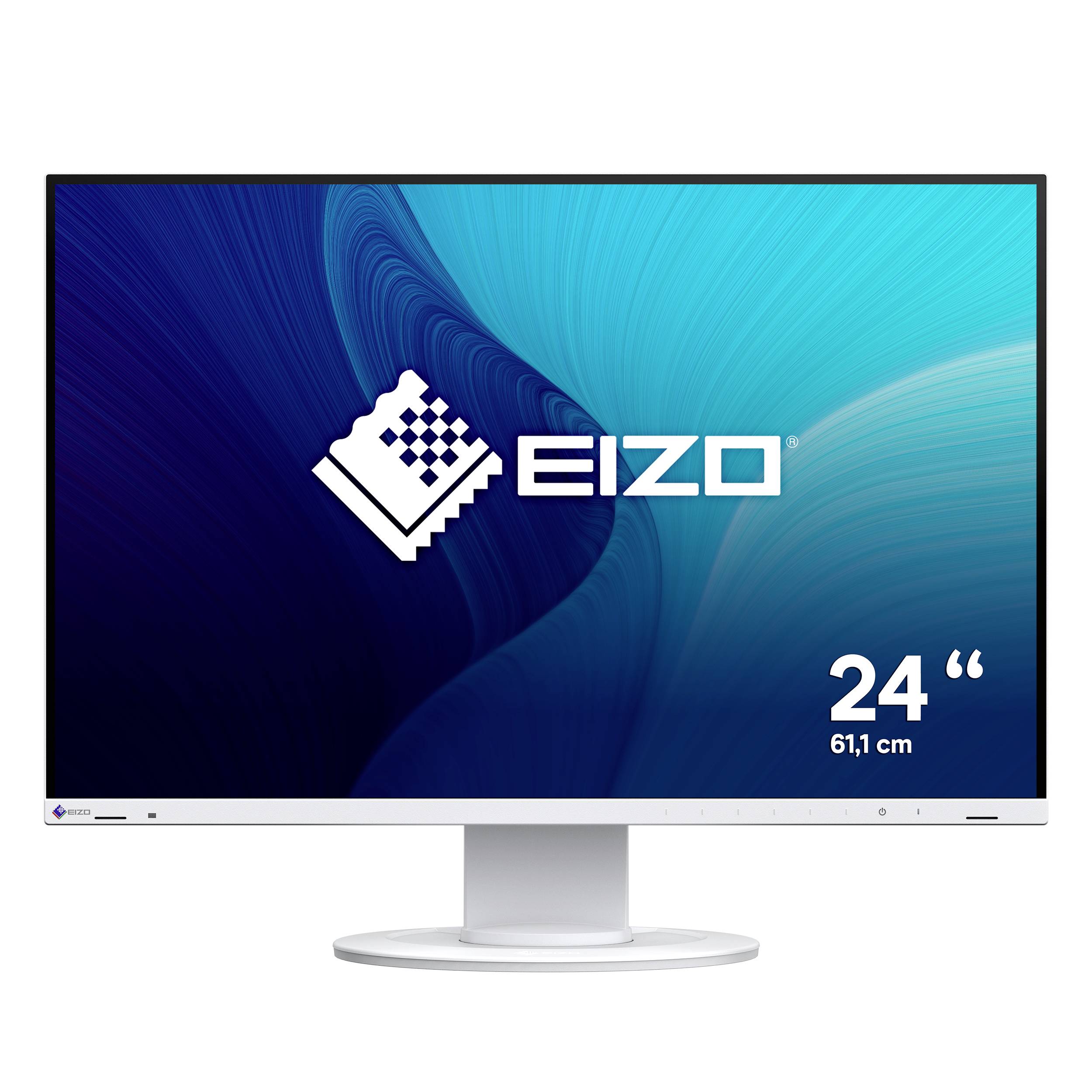 Moniteur EIZO 24 pouces avec écran dégradé bleu et logo blanc, présenté au centre sur un pied.