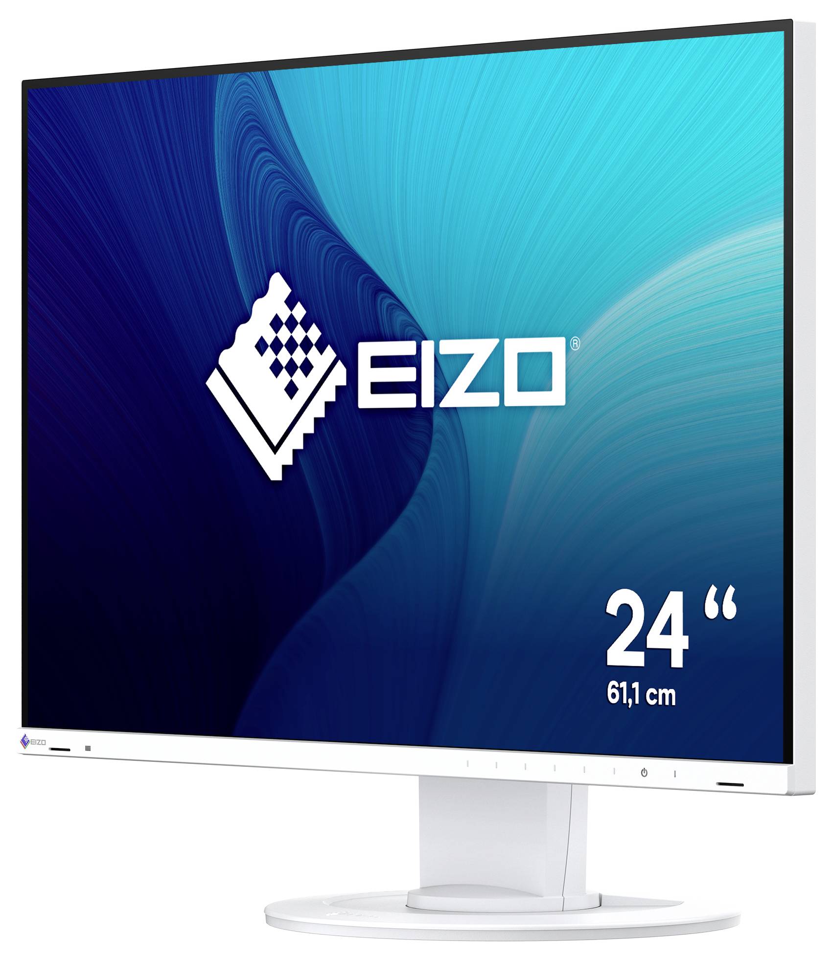 Moniteur EIZO 24 pouces avec écran dégradé bleu et socle blanc ; « 24" » et « 61,1 cm » affichés sur l'écran.