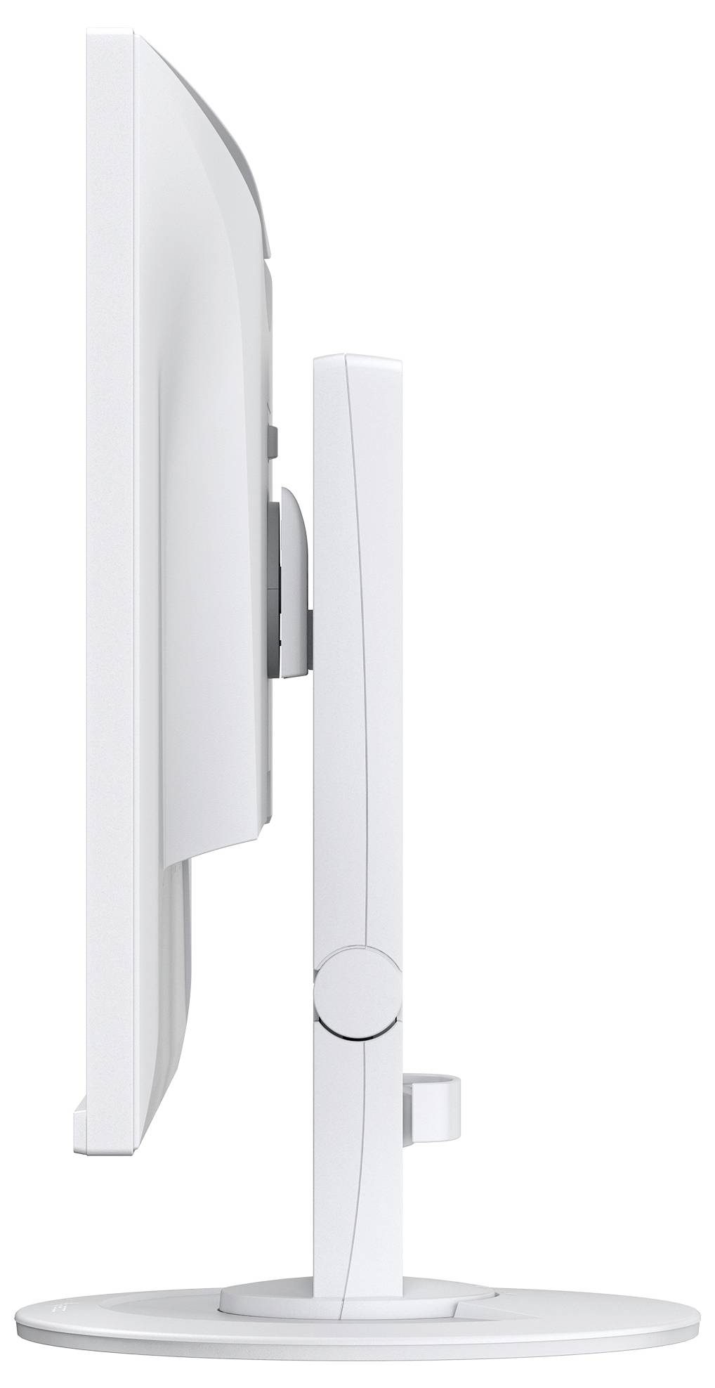 Vue latérale d'un moniteur informatique blanc sur un socle ovale, montrant un profil d'affichage mince et ajustable.