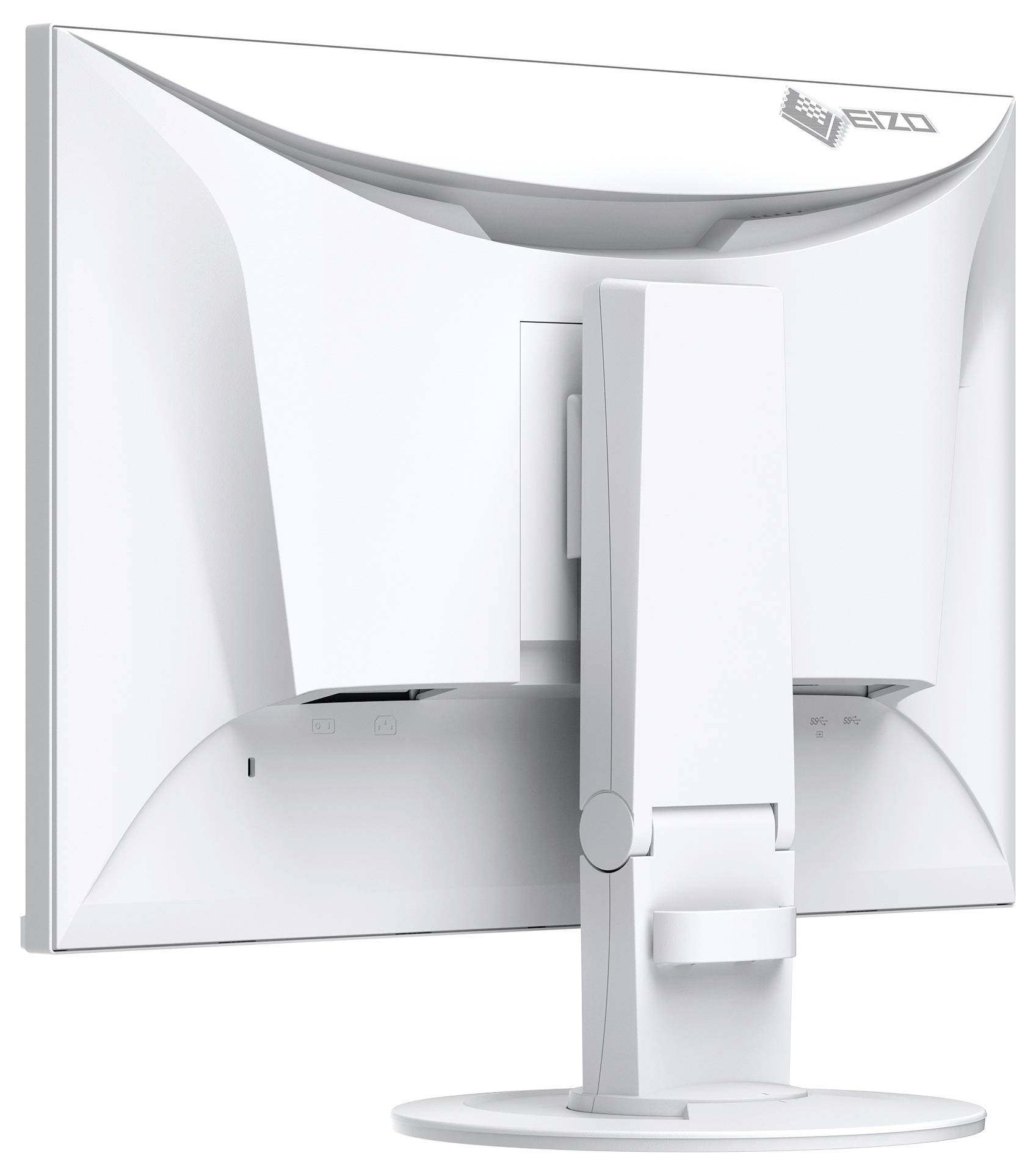 Vue arrière d'un moniteur d'ordinateur blanc sur un support, montrant un panneau arrière épuré incurvé et une zone centrale de gestion des câbles.