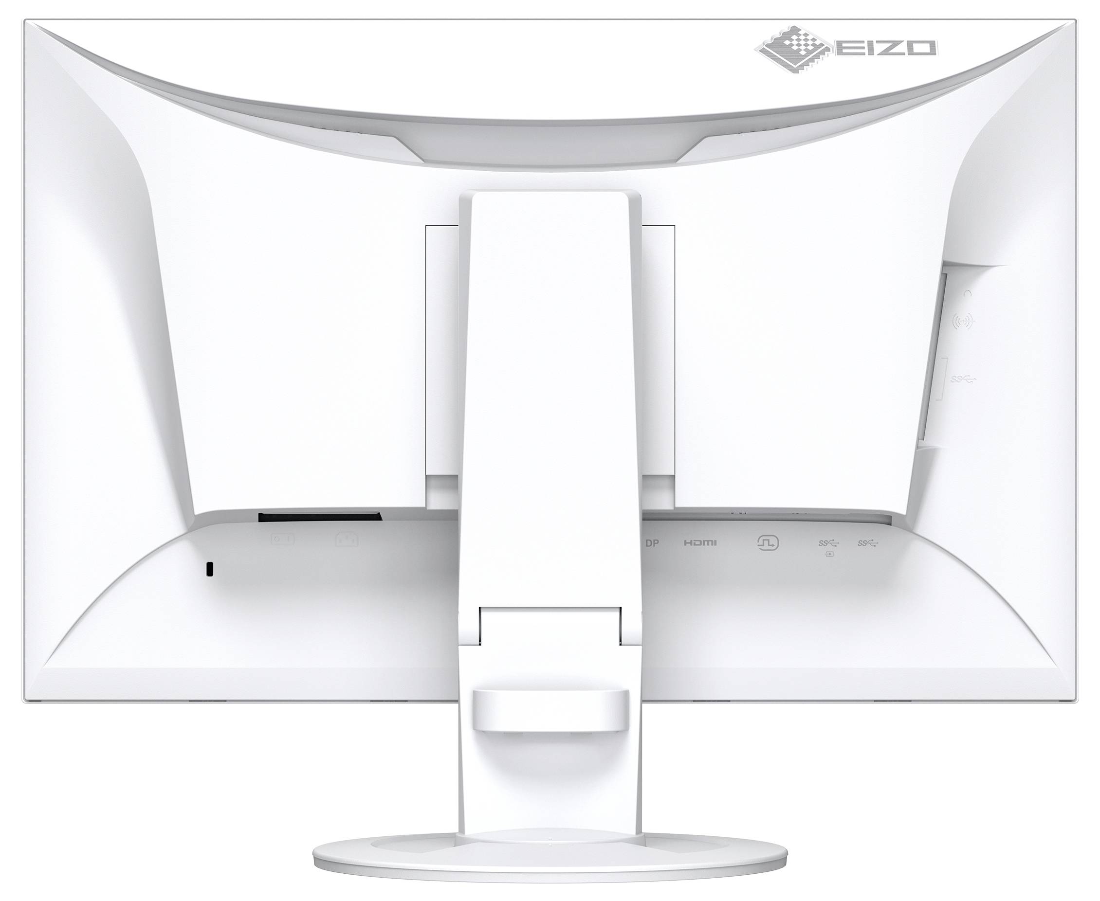 Moniteur EIZO 32 pouces 4K UHD avec station d'accueil USB-C et port LAN, présenté sur un fond abstrait bleu.